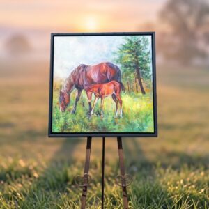Mother Horse & Foal Painting – Nature Wildlife Canvas Art