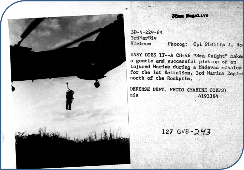 A CH-46 Sea Knight lifts an injured Marine during a Medevac mission in Vietnam