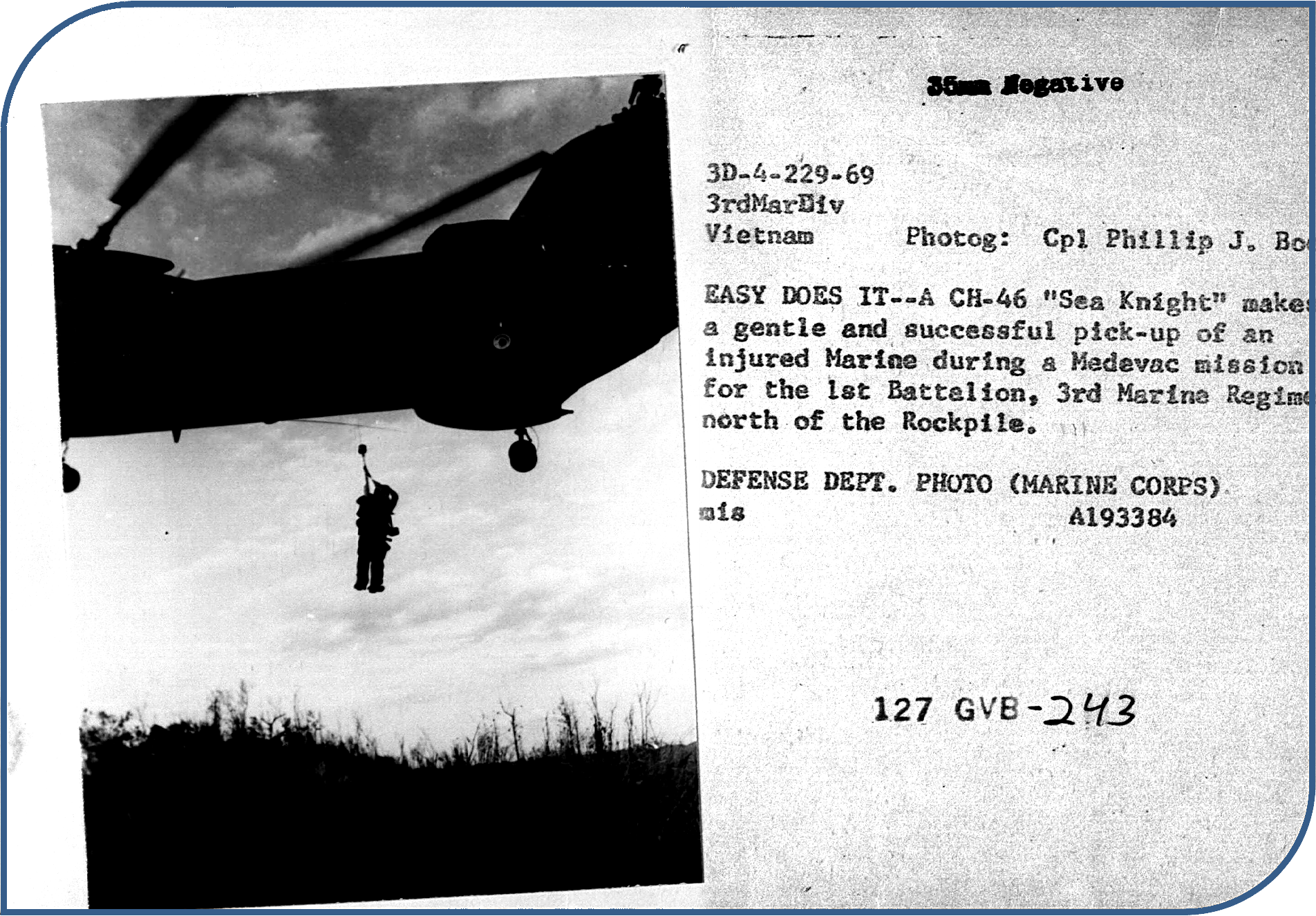 A CH-46 Sea Knight lifts an injured Marine during a Medevac mission in Vietnam